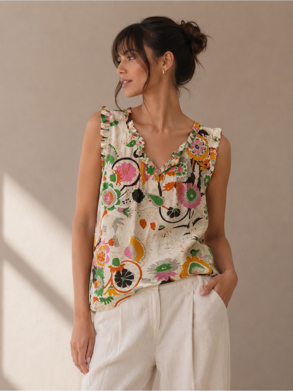 Leisfdottir Anthropologie Floral Sleeveless Blouse Pink and Green Blouse Size 0